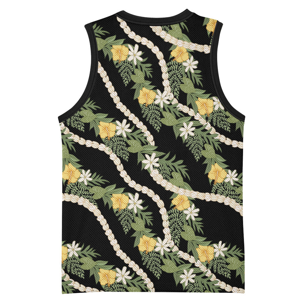 Hawaiian Pikake Maile Lei Basketball Jersey Tiare Hibiscus Kalo Palapalai Leaf Black