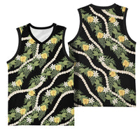 Hawaiian Pikake Maile Lei Basketball Jersey Tiare Hibiscus Kalo Palapalai Leaf Black