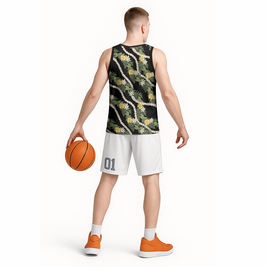 Hawaiian Pikake Maile Lei Basketball Jersey Tiare Hibiscus Kalo Palapalai Leaf Black