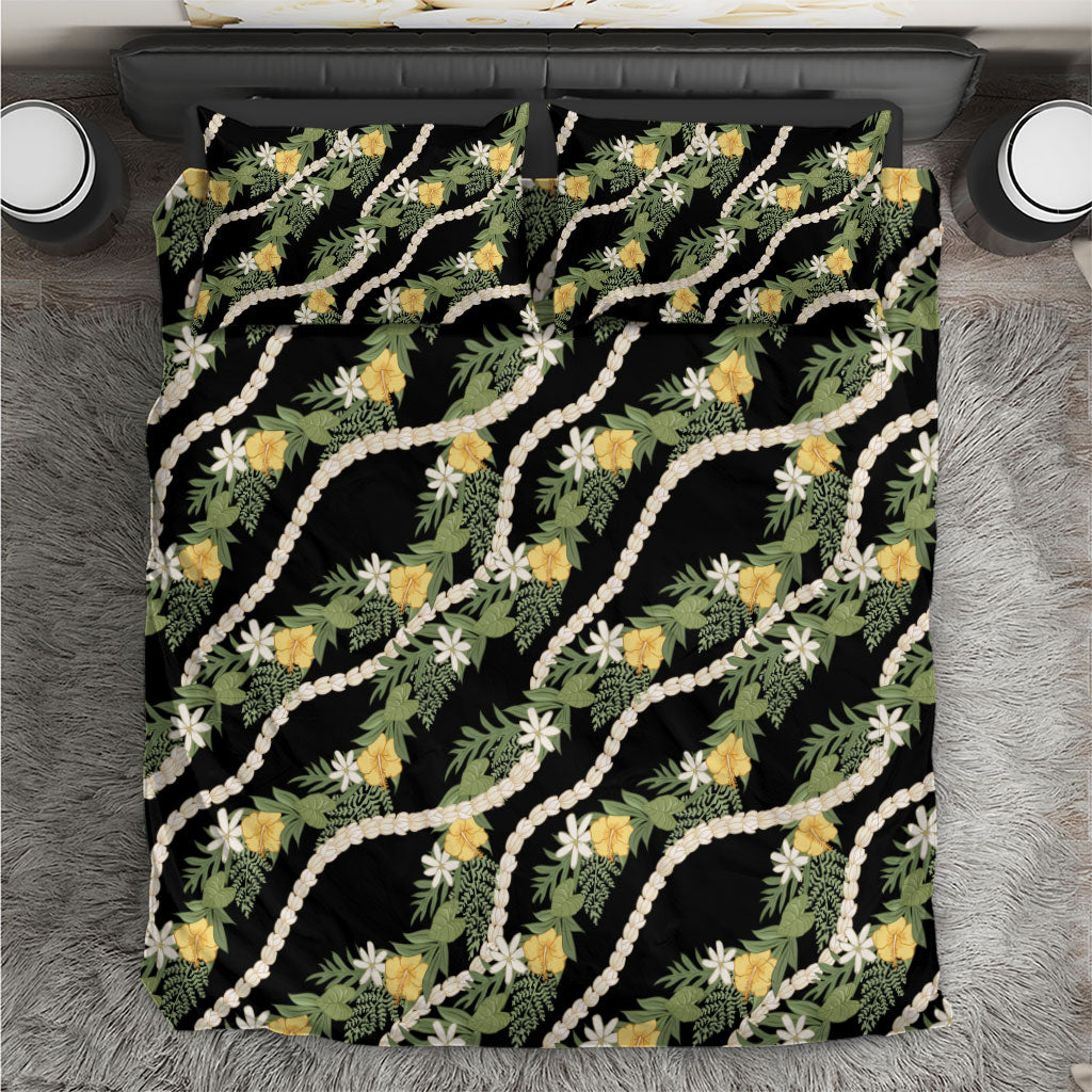Hawaiian Pikake Maile Lei Bedding Set Tiare Hibiscus Kalo Palapalai Leaf Black