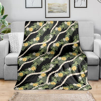 Hawaiian Pikake Maile Lei Blanket Tiare Hibiscus Kalo Palapalai Leaf Black