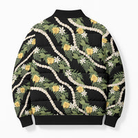 Hawaiian Pikake Maile Lei Bomber Puffer Jacket Tiare Hibiscus Kalo Palapalai Leaf Black