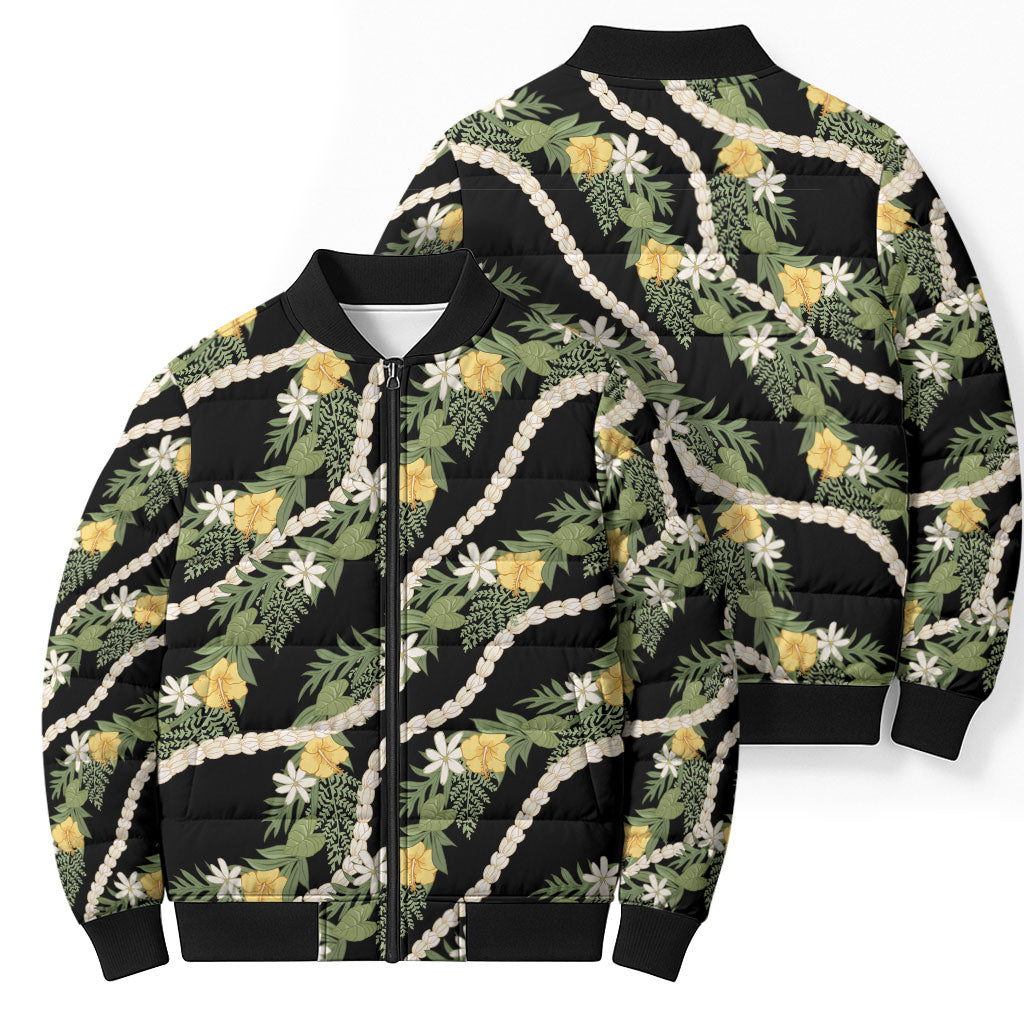 Hawaiian Pikake Maile Lei Bomber Puffer Jacket Tiare Hibiscus Kalo Palapalai Leaf Black