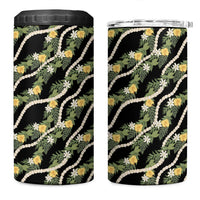 Hawaiian Pikake Maile Lei 4 in 1 Can Cooler Tumbler Tiare Hibiscus Kalo Palapalai Leaf Black