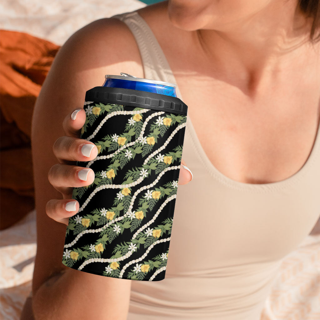 Hawaiian Pikake Maile Lei 4 in 1 Can Cooler Tumbler Tiare Hibiscus Kalo Palapalai Leaf Black