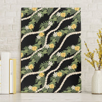 Hawaiian Pikake Maile Lei Canvas Wall Art Tiare Hibiscus Kalo Palapalai Leaf Black
