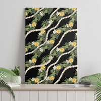 Hawaiian Pikake Maile Lei Canvas Wall Art Tiare Hibiscus Kalo Palapalai Leaf Black