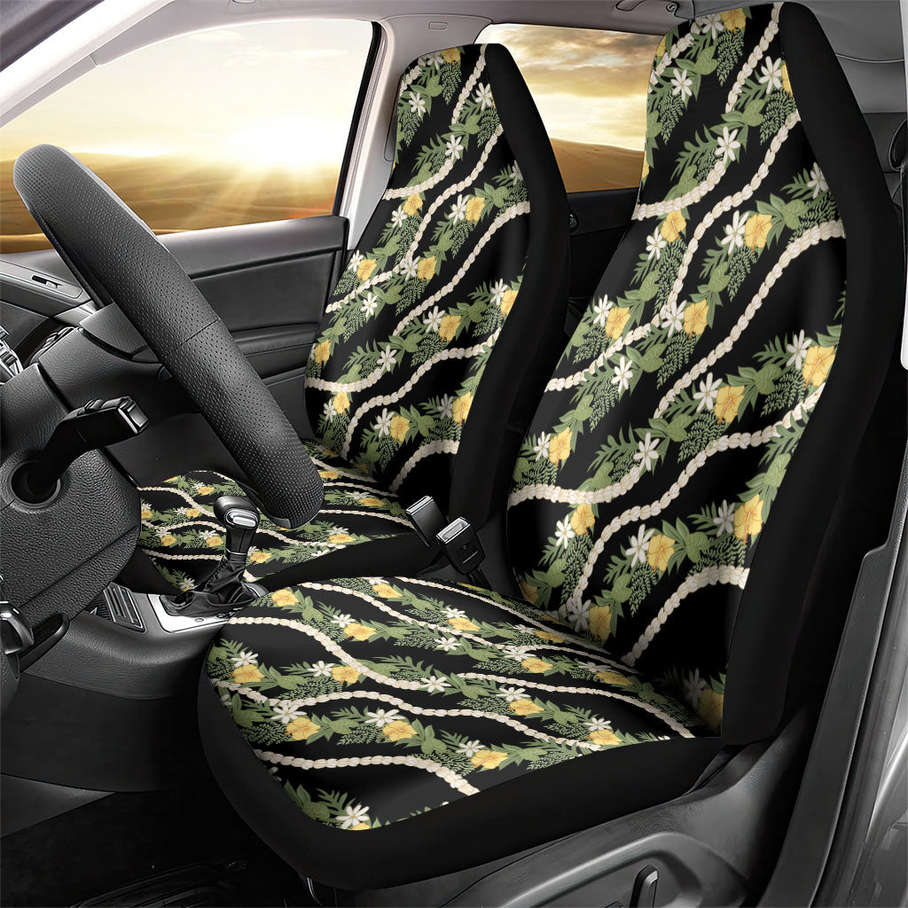 Hawaiian Pikake Maile Lei Car Seat Cover Tiare Hibiscus Kalo Palapalai Leaf Black