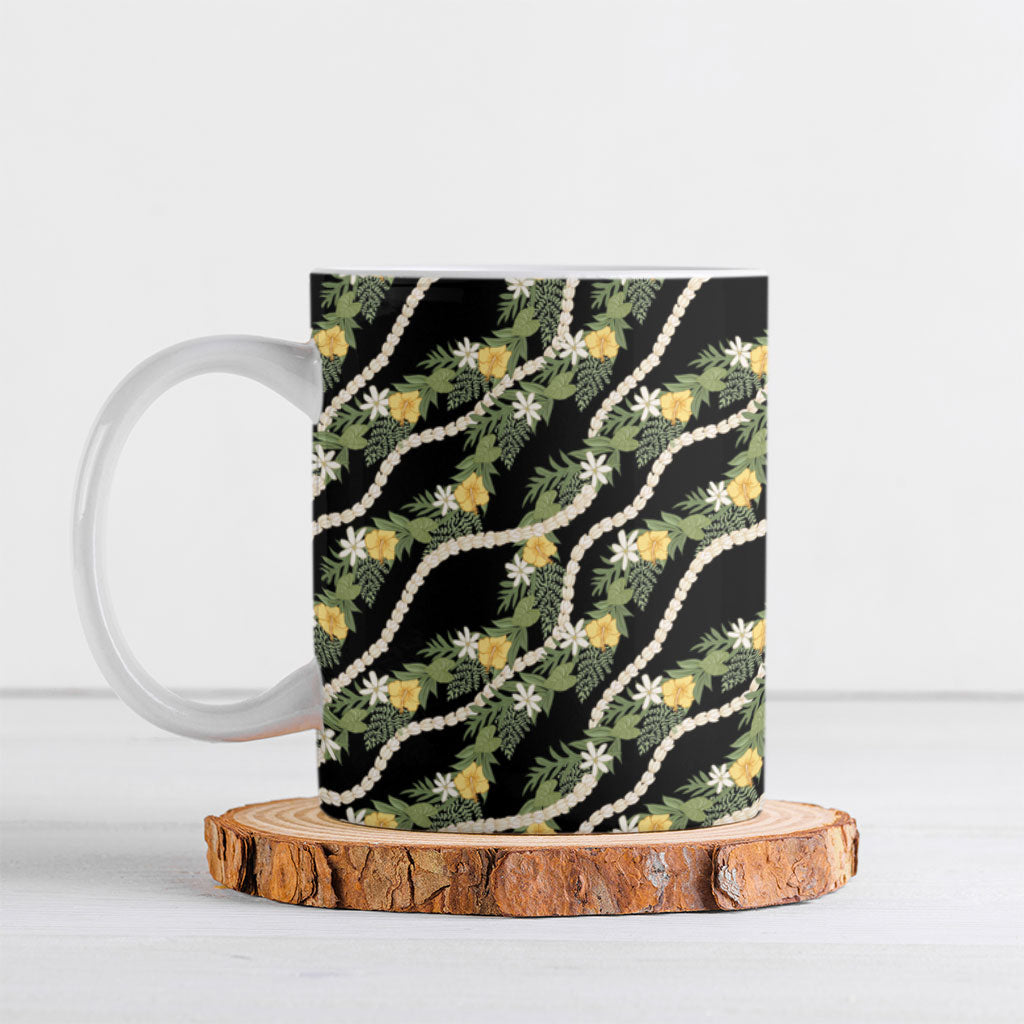 Hawaiian Pikake Maile Lei Ceramic Mug Tiare Hibiscus Kalo Palapalai Leaf Black