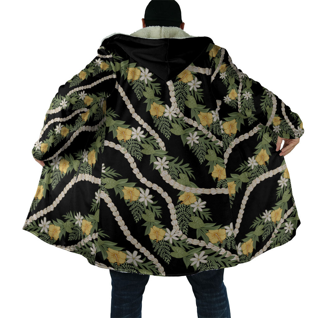 Hawaiian Pikake Maile Lei Cloak Tiare Hibiscus Kalo Palapalai Leaf Black