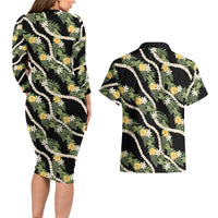 Hawaiian Pikake Maile Lei Couples Matching Long Sleeve Bodycon Dress and Hawaiian Shirt Tiare Hibiscus Kalo Palapalai Leaf Black LT19 - Polynesian Pride