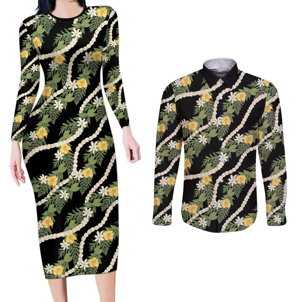 Hawaiian Pikake Maile Lei Couples Matching Long Sleeve Bodycon Dress and Long Sleeve Button Shirt Tiare Hibiscus Kalo Palapalai Leaf Black