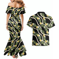 Hawaiian Pikake Maile Lei Couples Matching Mermaid Dress and Hawaiian Shirt Tiare Hibiscus Kalo Palapalai Leaf Black LT19 - Polynesian Pride