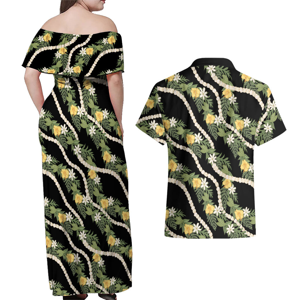 Hawaiian Pikake Maile Lei Couples Matching Off Shoulder Maxi Dress and Hawaiian Shirt Tiare Hibiscus Kalo Palapalai Leaf Black LT19 - Polynesian Pride