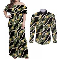 Hawaiian Pikake Maile Lei Couples Matching Off Shoulder Maxi Dress and Long Sleeve Button Shirt Tiare Hibiscus Kalo Palapalai Leaf Black LT19 Black - Polynesian Pride