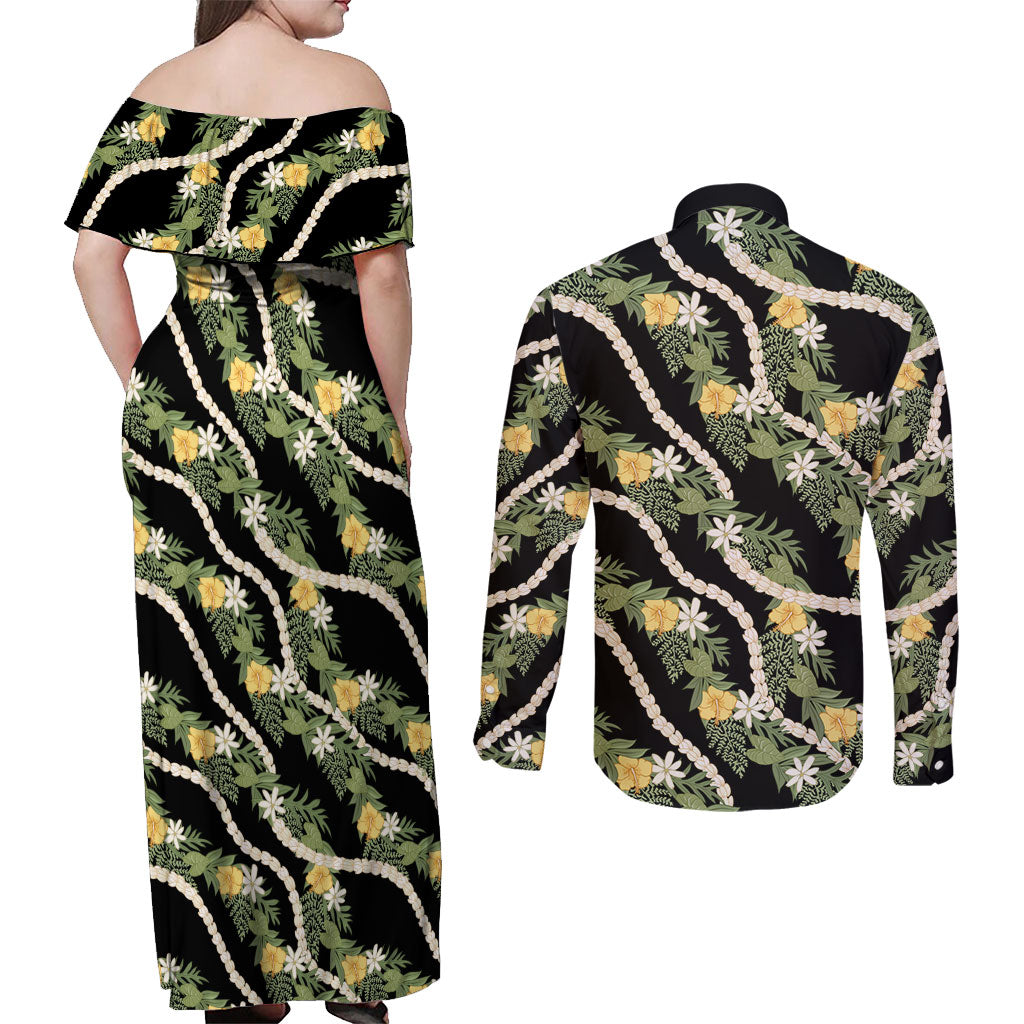 Hawaiian Pikake Maile Lei Couples Matching Off Shoulder Maxi Dress and Long Sleeve Button Shirt Tiare Hibiscus Kalo Palapalai Leaf Black LT19 - Polynesian Pride
