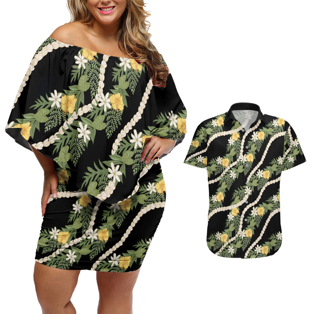 Hawaiian Pikake Maile Lei Couples Matching Off Shoulder Short Dress and Hawaiian Shirt Tiare Hibiscus Kalo Palapalai Leaf Black LT19 Black - Polynesian Pride