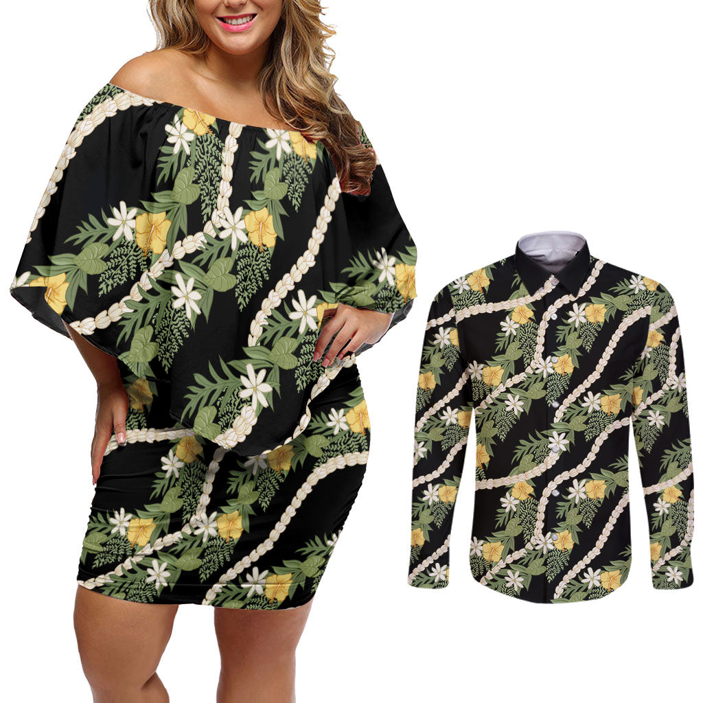 Hawaiian Pikake Maile Lei Couples Matching Off Shoulder Short Dress and Long Sleeve Button Shirt Tiare Hibiscus Kalo Palapalai Leaf Black