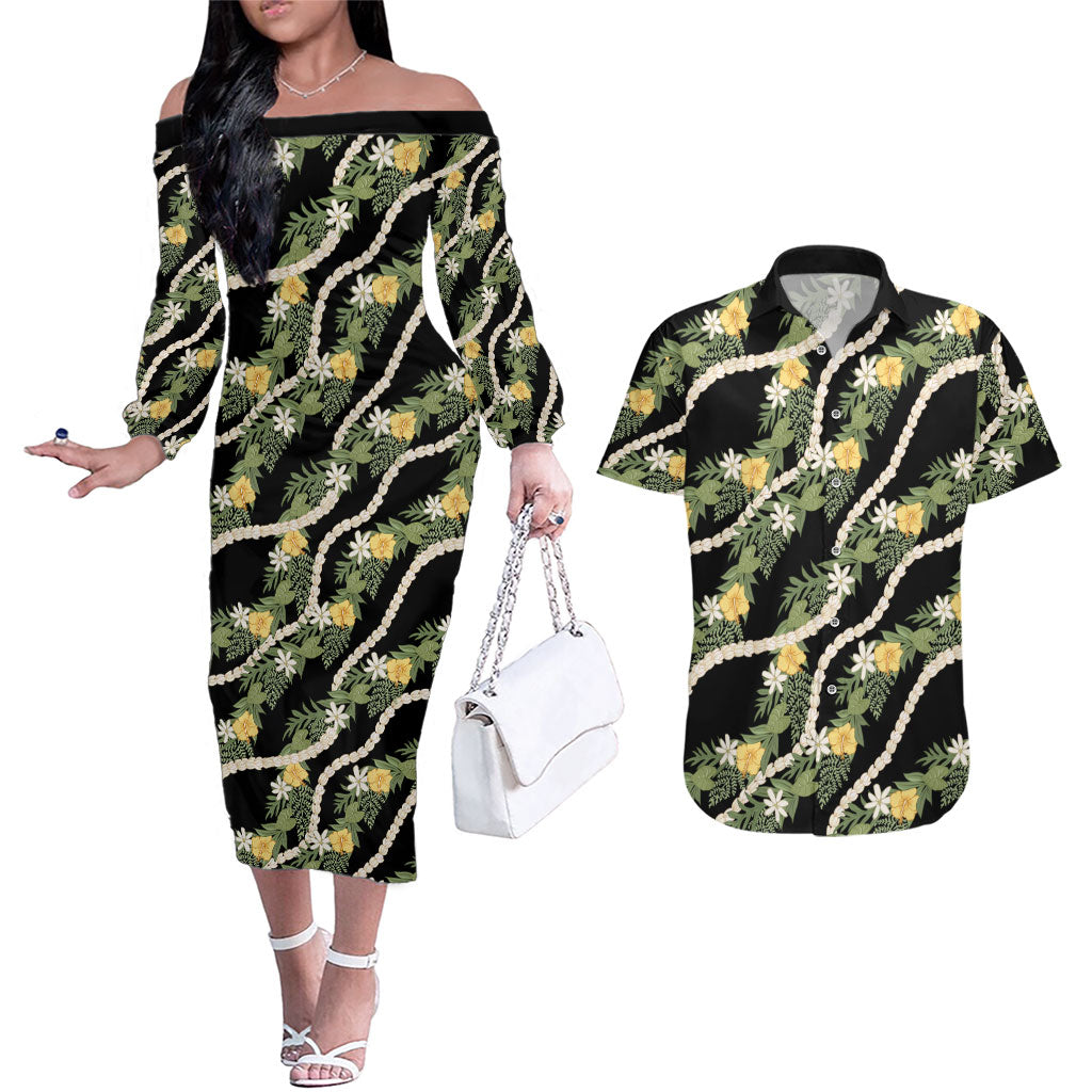 Hawaiian Pikake Maile Lei Couples Matching Off The Shoulder Long Sleeve Dress and Hawaiian Shirt Tiare Hibiscus Kalo Palapalai Leaf Black LT19 Black - Polynesian Pride