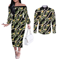 Hawaiian Pikake Maile Lei Couples Matching Off The Shoulder Long Sleeve Dress and Long Sleeve Button Shirt Tiare Hibiscus Kalo Palapalai Leaf Black LT19 Black - Polynesian Pride