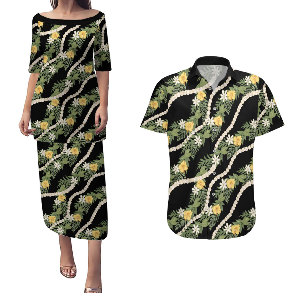 Hawaiian Pikake Maile Lei Couples Matching Puletasi and Hawaiian Shirt Tiare Hibiscus Kalo Palapalai Leaf Black LT19 Black - Polynesian Pride