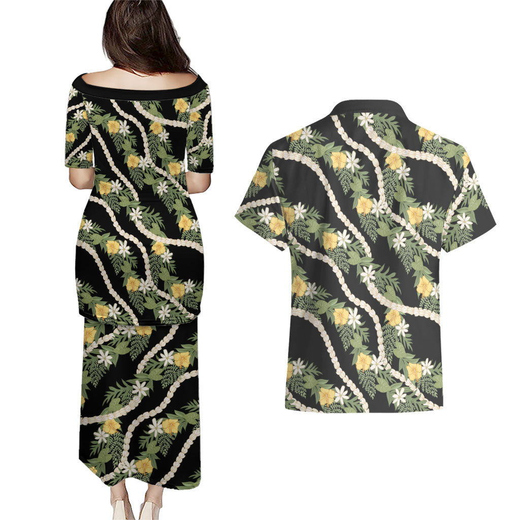 Hawaiian Pikake Maile Lei Couples Matching Puletasi and Hawaiian Shirt Tiare Hibiscus Kalo Palapalai Leaf Black LT19 - Polynesian Pride