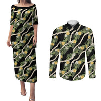 Hawaiian Pikake Maile Lei Couples Matching Puletasi and Long Sleeve Button Shirt Tiare Hibiscus Kalo Palapalai Leaf Black