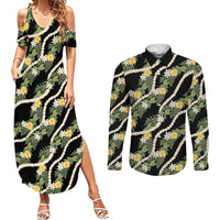 Hawaiian Pikake Maile Lei Couples Matching Summer Maxi Dress and Long Sleeve Button Shirt Tiare Hibiscus Kalo Palapalai Leaf Black LT19 Black - Polynesian Pride