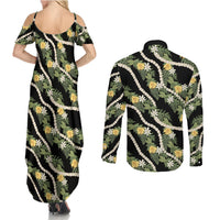 Hawaiian Pikake Maile Lei Couples Matching Summer Maxi Dress and Long Sleeve Button Shirt Tiare Hibiscus Kalo Palapalai Leaf Black LT19 - Polynesian Pride