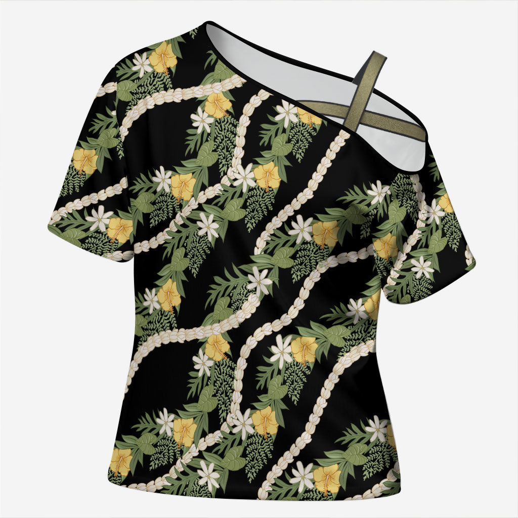 Hawaiian Pikake Maile Lei Cross Shoulder Shirt Tiare Hibiscus Kalo Palapalai Leaf Black