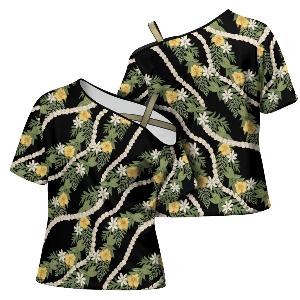 Hawaiian Pikake Maile Lei Cross Shoulder Shirt Tiare Hibiscus Kalo Palapalai Leaf Black