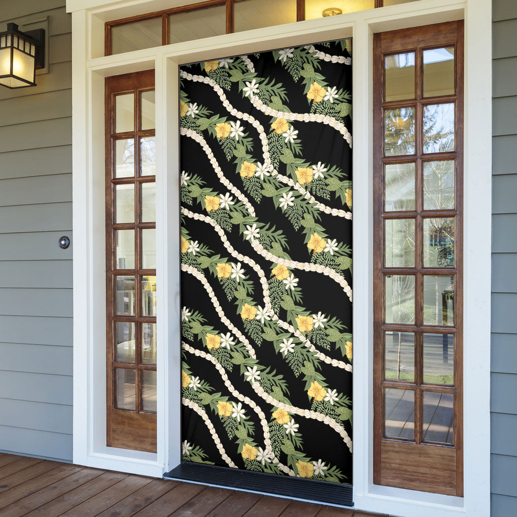 Hawaiian Pikake Maile Lei Door Cover Tiare Hibiscus Kalo Palapalai Leaf Black