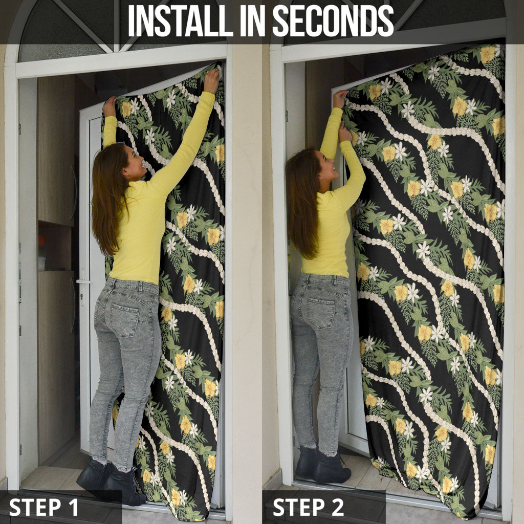 Hawaiian Pikake Maile Lei Door Cover Tiare Hibiscus Kalo Palapalai Leaf Black