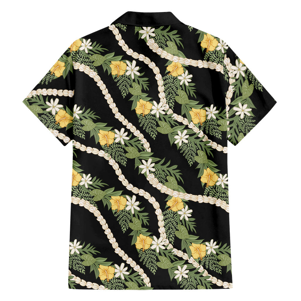 Hawaiian Pikake Maile Lei Family Matching Long Sleeve Bodycon Dress and Hawaiian Shirt Tiare Hibiscus Kalo Palapalai Leaf Black LT19 - Polynesian Pride