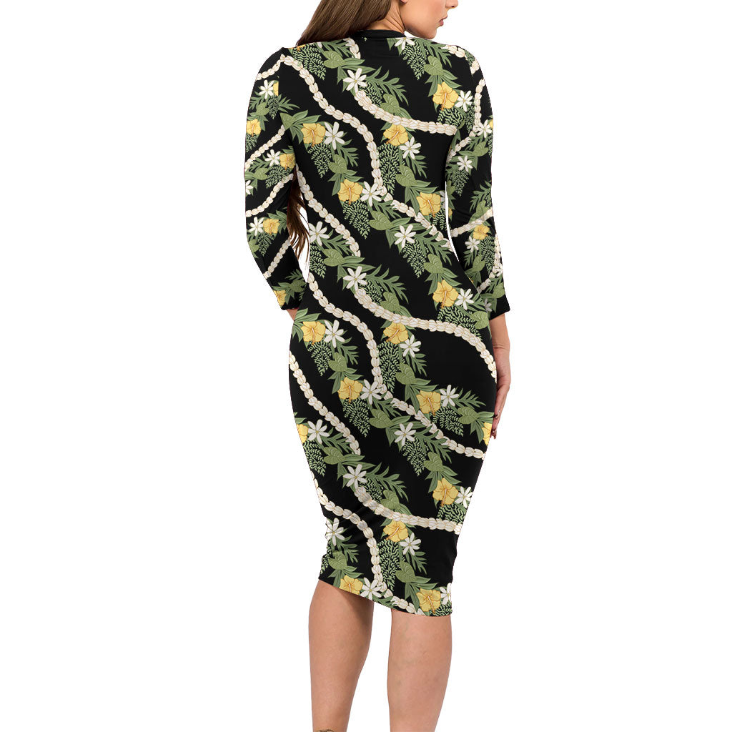 Hawaiian Pikake Maile Lei Family Matching Long Sleeve Bodycon Dress and Hawaiian Shirt Tiare Hibiscus Kalo Palapalai Leaf Black LT19 - Polynesian Pride