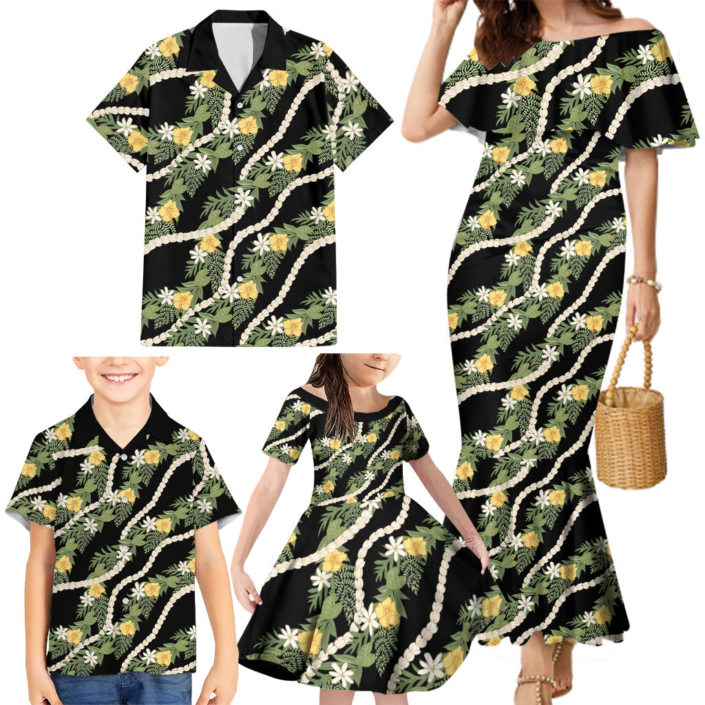 Hawaiian Pikake Maile Lei Family Matching Mermaid Dress and Hawaiian Shirt Tiare Hibiscus Kalo Palapalai Leaf Black LT19 - Polynesian Pride
