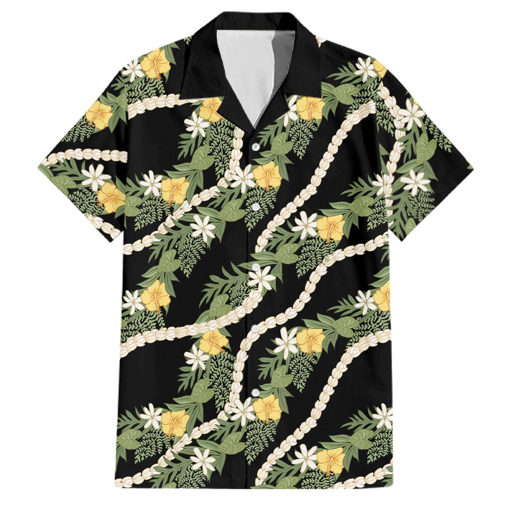 Hawaiian Pikake Maile Lei Family Matching Mermaid Dress and Hawaiian Shirt Tiare Hibiscus Kalo Palapalai Leaf Black LT19 Dad's Shirt - Short Sleeve Black - Polynesian Pride