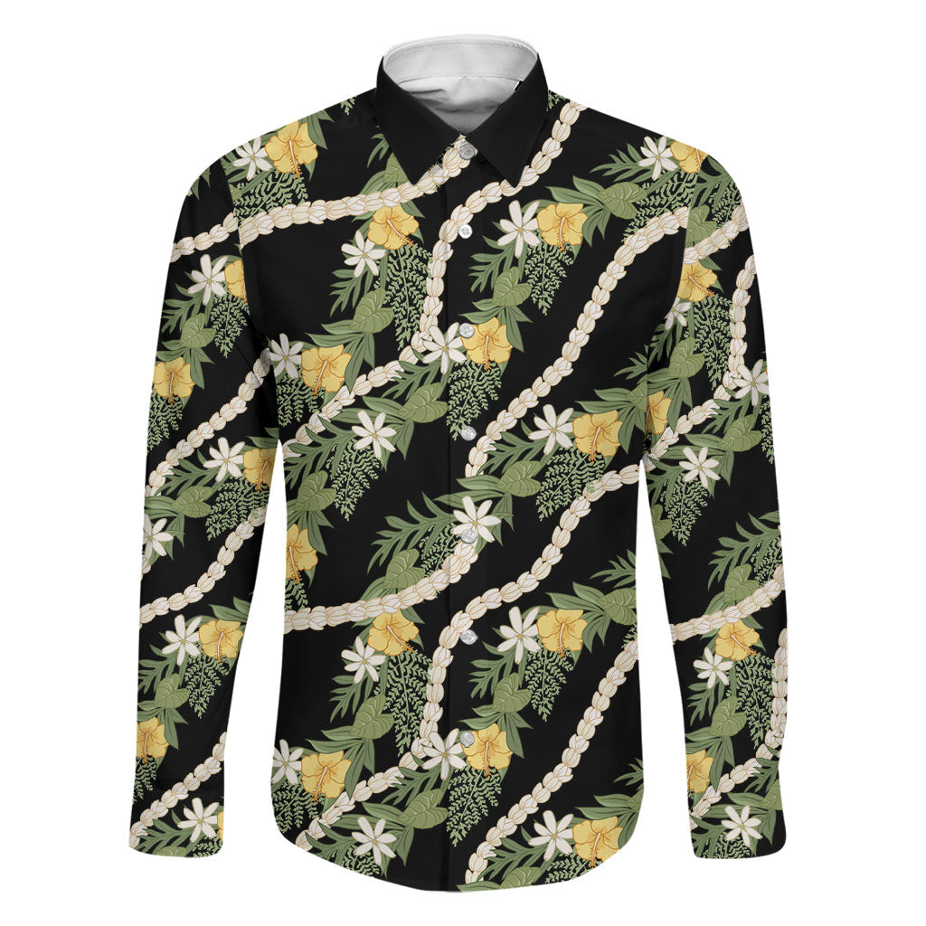 Hawaiian Pikake Maile Lei Family Matching Mermaid Dress and Hawaiian Shirt Tiare Hibiscus Kalo Palapalai Leaf Black LT19 Dad's Shirt - Long Sleeve Black - Polynesian Pride
