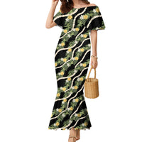 Hawaiian Pikake Maile Lei Family Matching Mermaid Dress and Hawaiian Shirt Tiare Hibiscus Kalo Palapalai Leaf Black LT19 Mom's Dress Black - Polynesian Pride