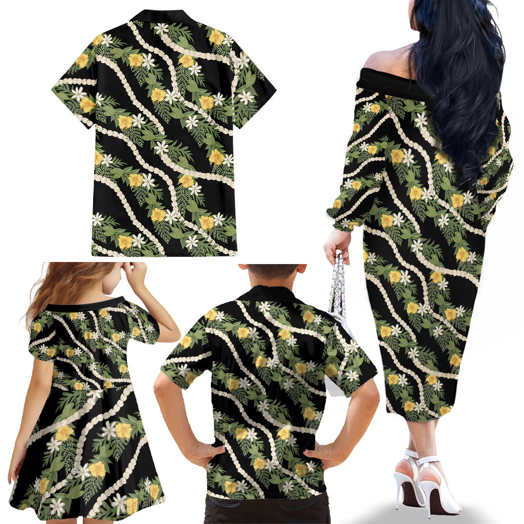 Hawaiian Pikake Maile Lei Family Matching Off The Shoulder Long Sleeve Dress and Hawaiian Shirt Tiare Hibiscus Kalo Palapalai Leaf Black LT19 - Polynesian Pride