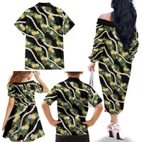 Hawaiian Pikake Maile Lei Family Matching Off The Shoulder Long Sleeve Dress and Hawaiian Shirt Tiare Hibiscus Kalo Palapalai Leaf Black LT19 - Polynesian Pride