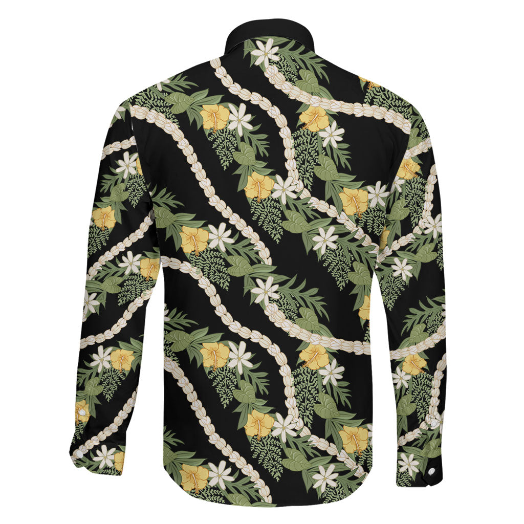Hawaiian Pikake Maile Lei Family Matching Off The Shoulder Long Sleeve Dress and Hawaiian Shirt Tiare Hibiscus Kalo Palapalai Leaf Black LT19 - Polynesian Pride