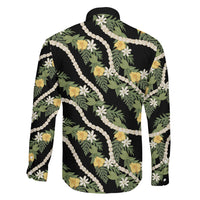 Hawaiian Pikake Maile Lei Family Matching Off The Shoulder Long Sleeve Dress and Hawaiian Shirt Tiare Hibiscus Kalo Palapalai Leaf Black LT19 - Polynesian Pride