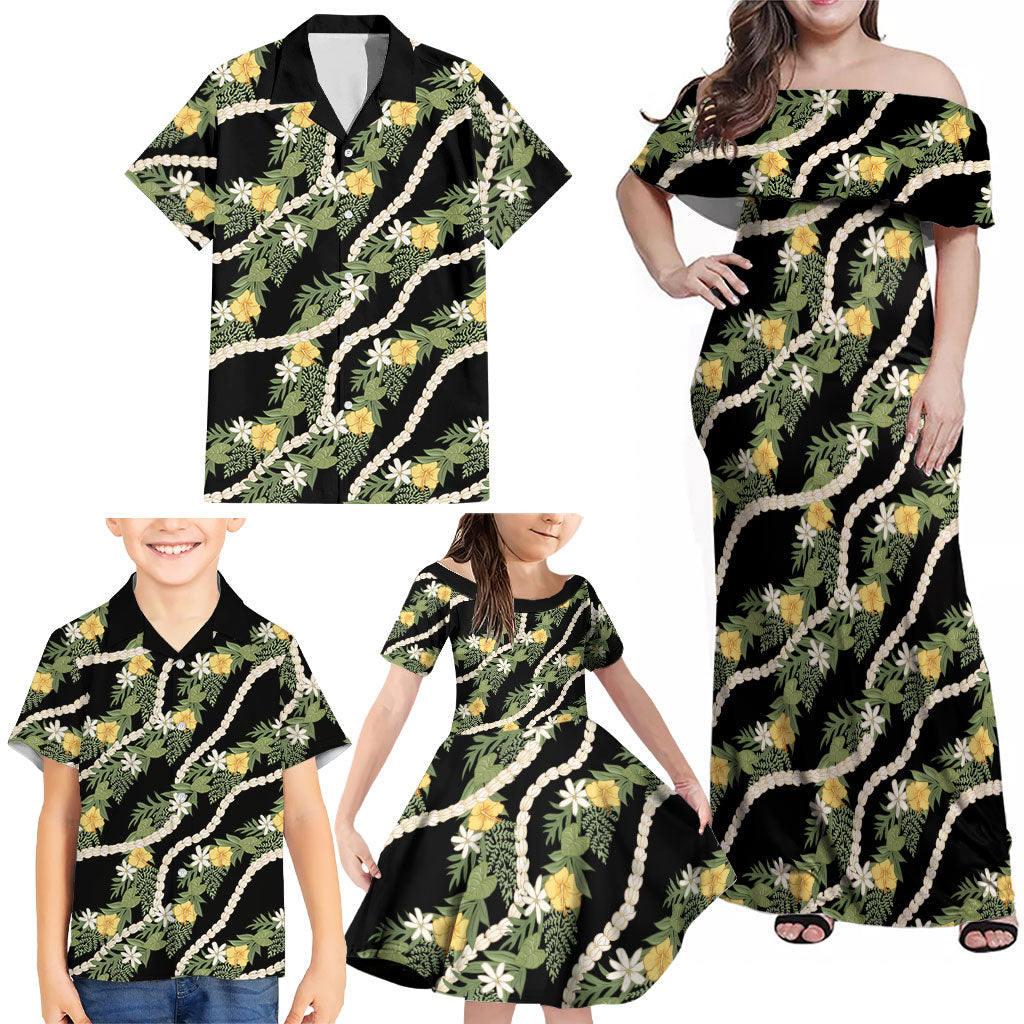 Hawaiian Pikake Maile Lei Family Matching Off Shoulder Maxi Dress and Hawaiian Shirt Tiare Hibiscus Kalo Palapalai Leaf Black