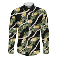 Hawaiian Pikake Maile Lei Family Matching Off Shoulder Maxi Dress and Hawaiian Shirt Tiare Hibiscus Kalo Palapalai Leaf Black LT19 Dad's Shirt - Long Sleeve Black - Polynesian Pride