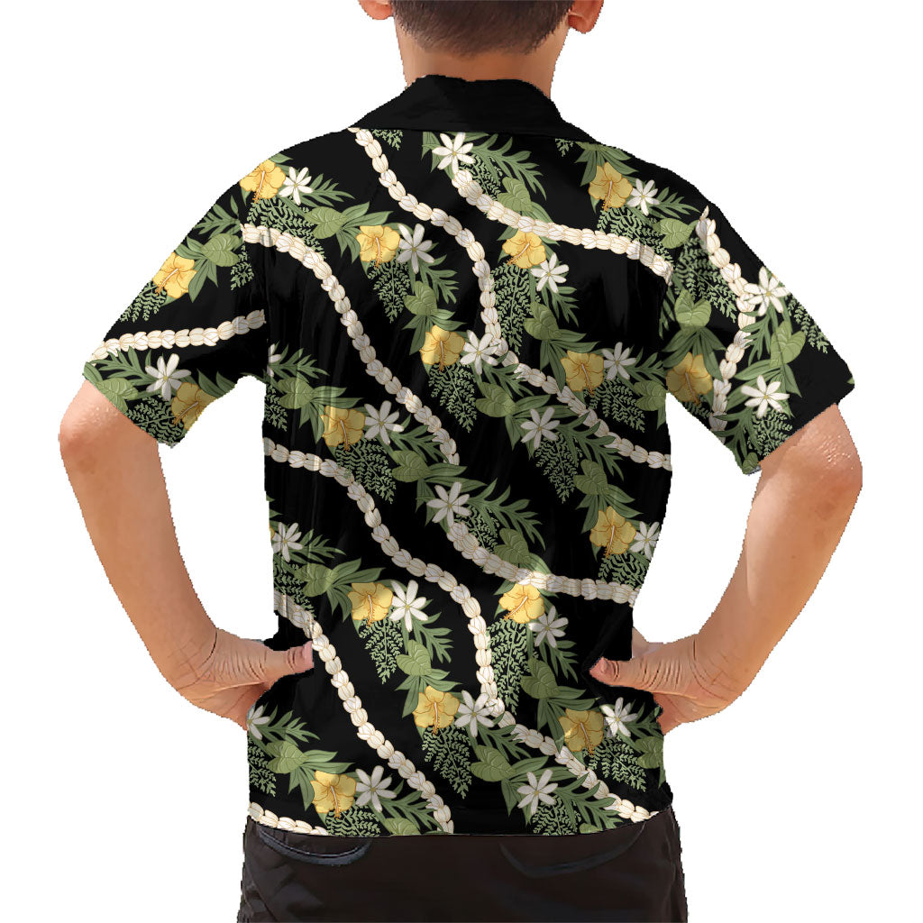 Hawaiian Pikake Maile Lei Family Matching Puletasi and Hawaiian Shirt Tiare Hibiscus Kalo Palapalai Leaf Black LT19 - Polynesian Pride