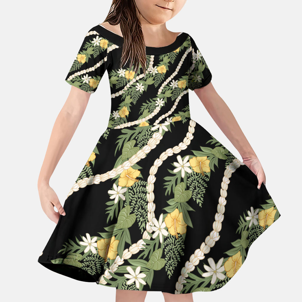 Hawaiian Pikake Maile Lei Family Matching Puletasi and Hawaiian Shirt Tiare Hibiscus Kalo Palapalai Leaf Black LT19 Daughter's Dress Black - Polynesian Pride