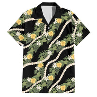 Hawaiian Pikake Maile Lei Family Matching Puletasi and Hawaiian Shirt Tiare Hibiscus Kalo Palapalai Leaf Black LT19 Dad's Shirt - Short Sleeve Black - Polynesian Pride