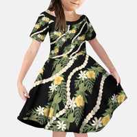 Hawaiian Pikake Maile Lei Family Matching Summer Maxi Dress and Hawaiian Shirt Tiare Hibiscus Kalo Palapalai Leaf Black LT19 Daughter's Dress Black - Polynesian Pride
