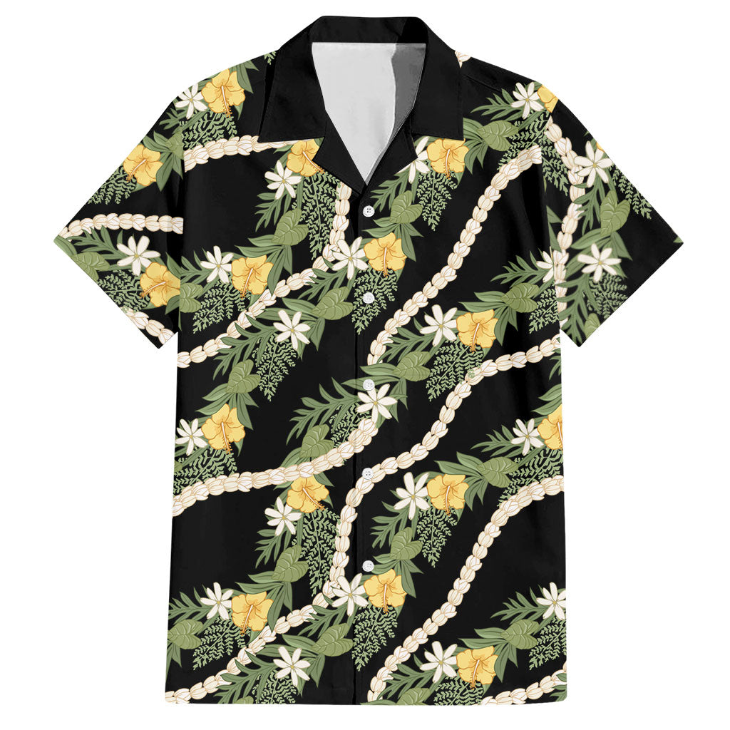 Hawaiian Pikake Maile Lei Hawaiian Shirt Tiare Hibiscus Kalo Palapalai Leaf Black